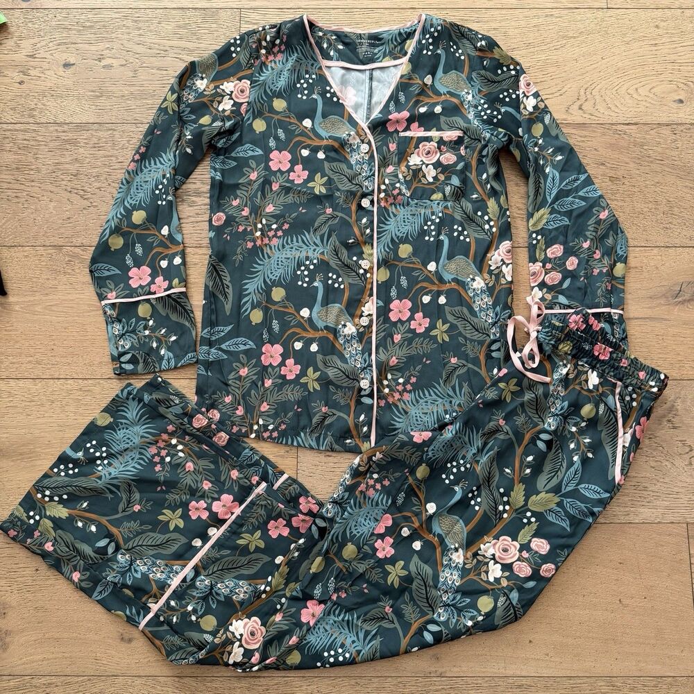 Summersalt x Rifle Paper Co Cloud 9 Silky Pajama Set XS Emerald Peacock Floral